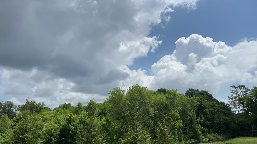 Time lapse of rolling clouds above green trees.