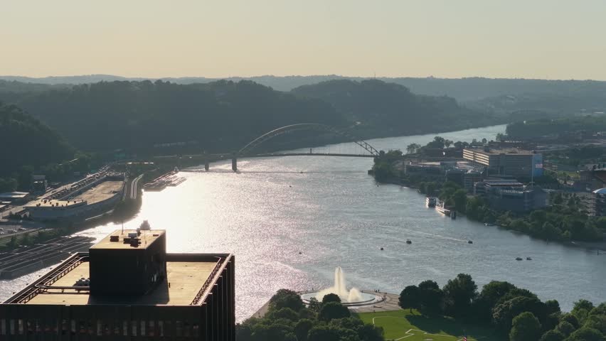 Aerial shot of the Ohio River in Pittsburgh Pennsylvania USA
