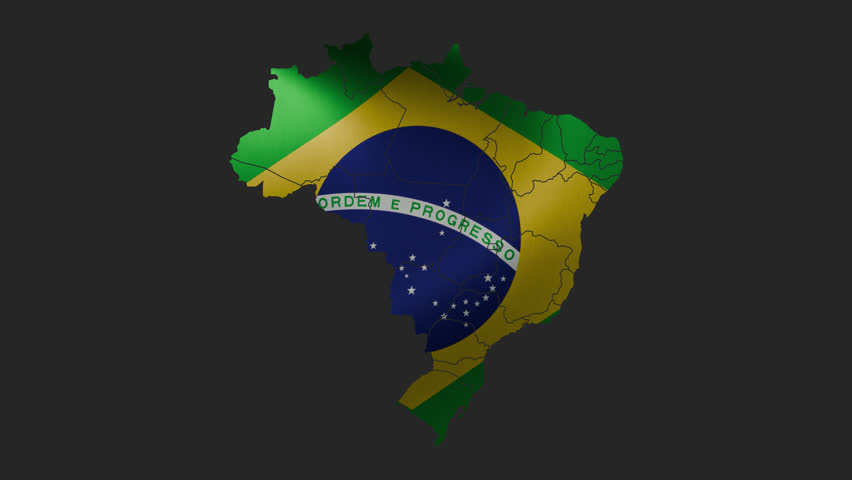 Outline of a map of Brazil filled with an animated national flag