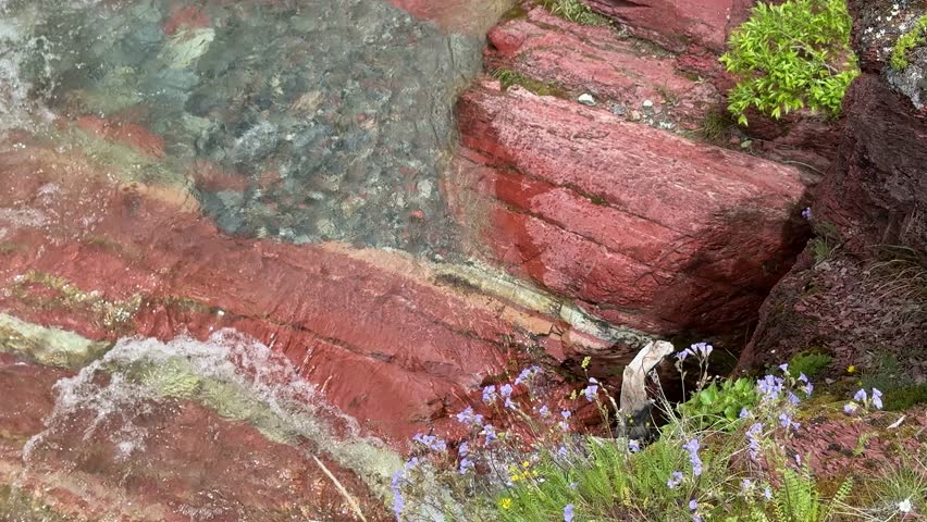 Red rock formations surrounded by green plants and trees. Water flows through the colorful rocks under a cloudy sky in a Tonwater national park in Canada.