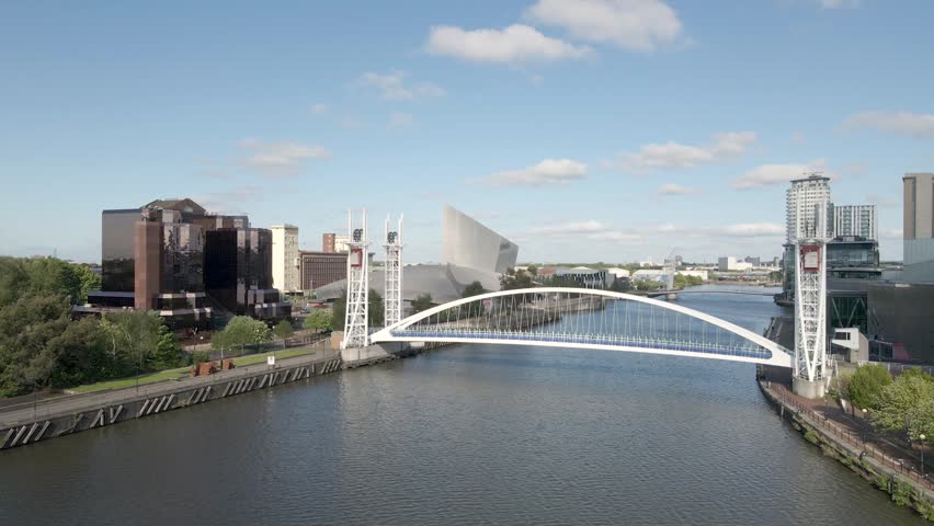 High-angle drone shot of Salford Quays featuring a curved pedestrian bridge over the river, with surrounding modern buildings, waterside walkways, and reflective surfaces.