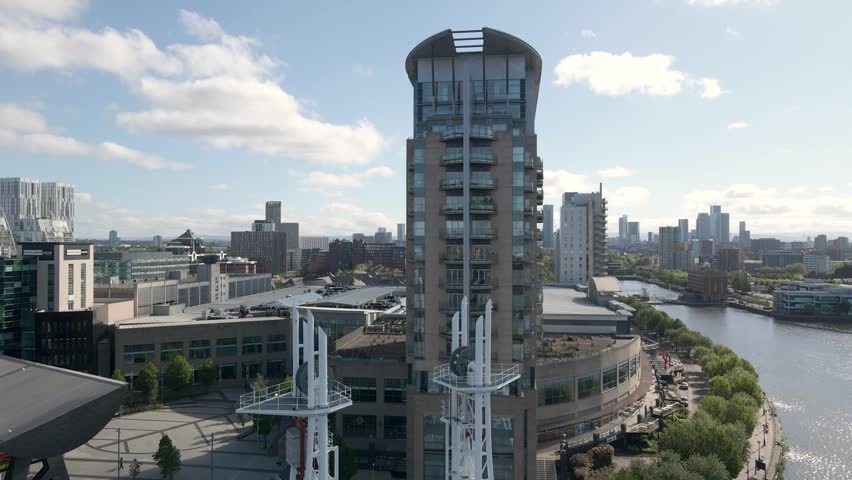 Drone panorama of Salford Quays showcasing MediaCityUK, waterfront skyline, and bridge connecting both sides. Drone rotting to the right.