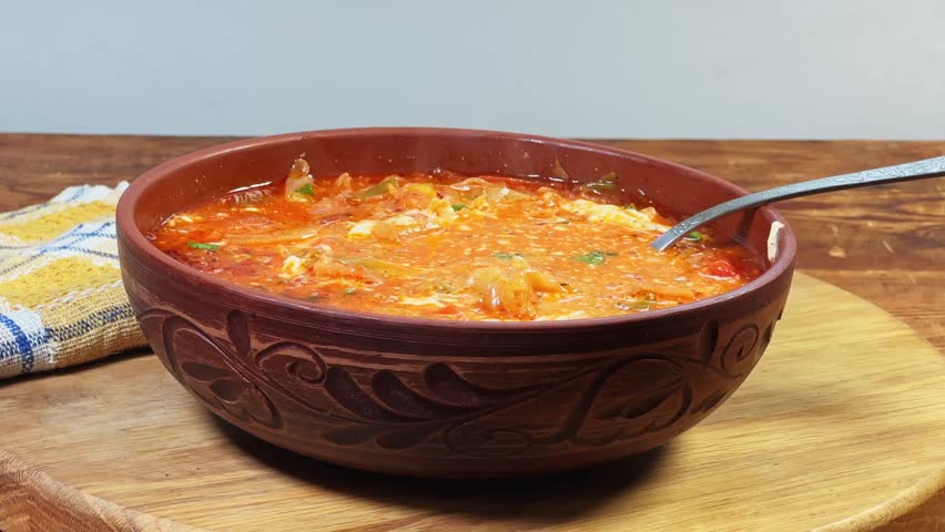 Portion of red beetroot borscht seasoned with sour cream in the clay bowl with a spoon on a rustic table, side view close-up while approach 
