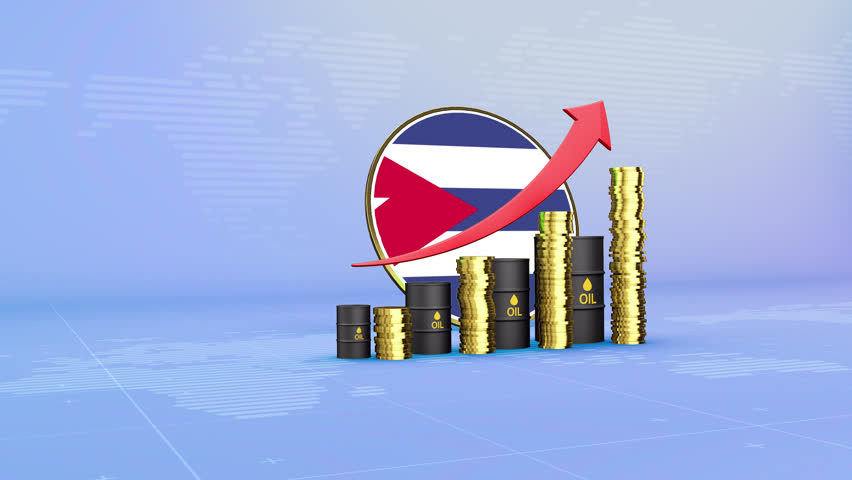 Cuba Oil Prices Rising with Oil Barrels, Gold Coins and Upward Red Arrow, 3D Economic and Financial Market Concept