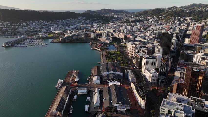 Wharves in Wellington Harbour New Zealand. aerial drone view