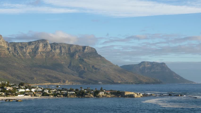 4K 30fps footage overlooking the iconic Clifton Beach coastline in Cape Town, South Africa, showcasing pristine white sand, turquoise Atlantic Ocean water and the spectacular Atlantic Seaboard scenery.