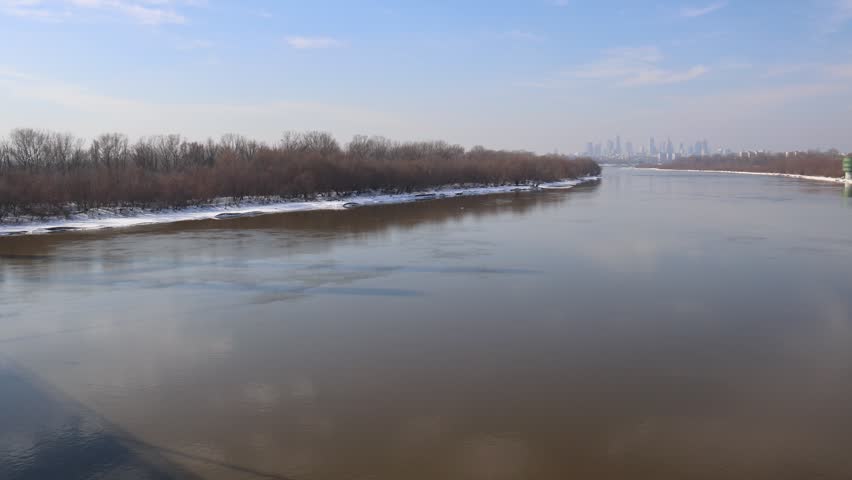 Vistula River in Warsaw city, Poland, view from Siekierkowski bridge, 4k