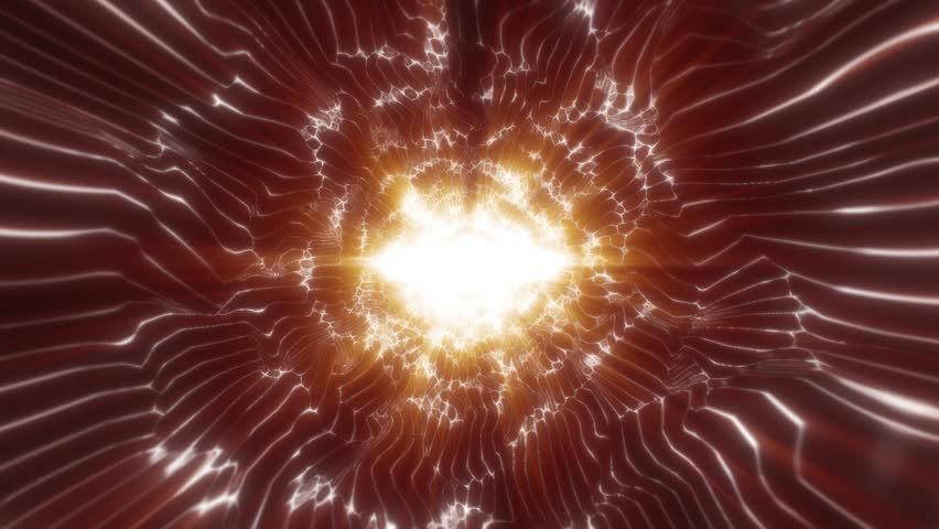 Glowing abstract energy core with white and golden light bursting through red digital wave lines and futuristic motion.