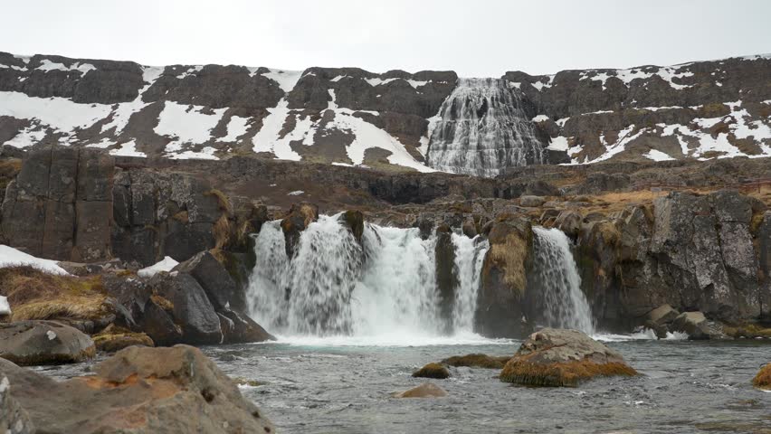 Baejarfoss And Dynjandi Waterfalls During Winter In Arnarfjordur, Westfjords, Iceland. - wide static shot