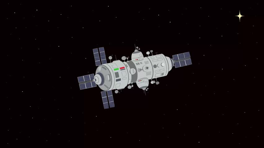 A flat 2D vector animation depicting a realistic international space station module or automated cargo spacecraft floating through dark outer space with solar panels extended. Perfect for aerospace engineering projects, astronomical telemetry graphics, and sci-fi cartoons.
