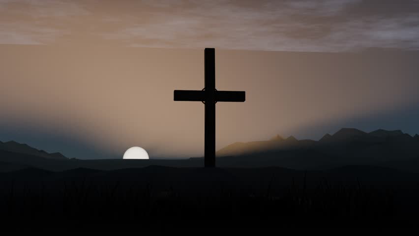 Backlighting wooden cross on low rise, rising sun spreading golden light over mountains for dawn. Crucifix, silhouette, horizon, hillside, ridge, twilight, rimlit
