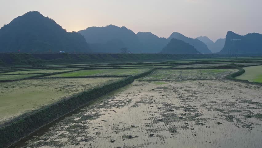 Vietnamese countryside landscape with mountains and rice paddies showing cars and buses traveling on a rural highway during tranquil sunset in Southeast Asia