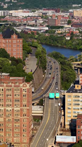 Aerial footage of Skyscrapers and office buildings in the skyline in Pittsburgh Pennsylvania USA