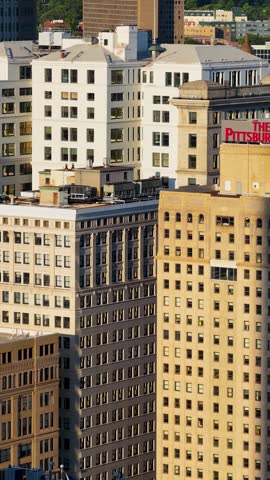 Aerial footage of Skyscrapers and office buildings in the skyline in Pittsburgh Pennsylvania USA
