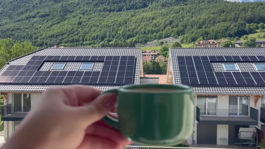Morning in the mountains with a green tea mug, summer flowers, and an eco-friendly house.