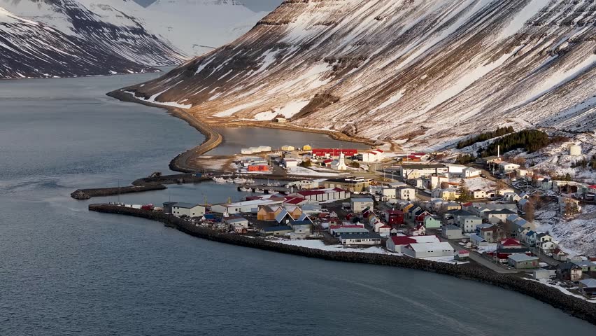 Aerial View Of Sudureyri Fishing Village By Sugandafjordur During Winter In Westfjords, Iceland.