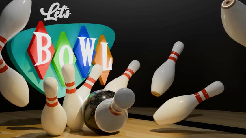 Retro Lets Bowl Sign and Scattered Bowling Pins 3D Animation
