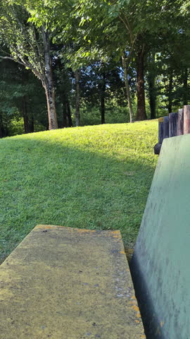 Empty stone bench beside lush grass and tall trees in a calm green park, with copy space for a nature concept.