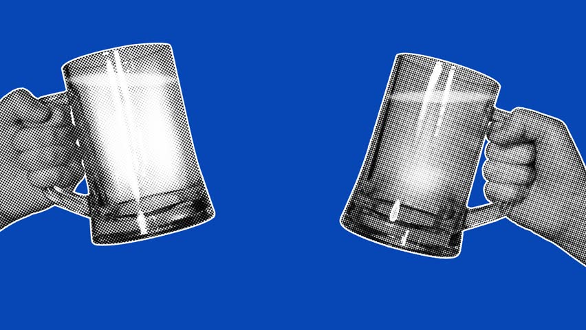 Two halftone hands clinking beer mugs in cheers gesture on blue background. Retro pop art style, seamless loop suitable for celebration and party content.