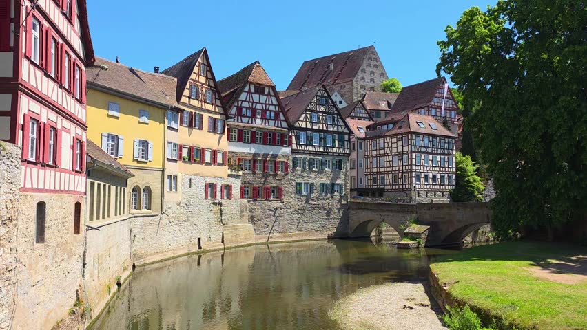 Traditional half timbered river houses and bridge in the Old Town of Schwabisch Hall, Germany
