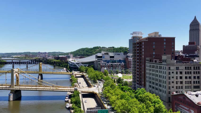 Aerial footage along the Allegheny River in Pittsburgh Pennsylvania USA