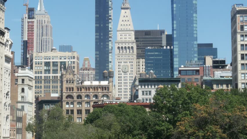 New York City Manhattan Midtown Union square on Broadway street, United States of America. Old historic building urban architecture. Water towers tanks on roof. Real estate property. Cityscape skyline
