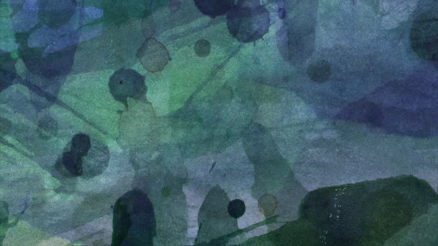Abstract blue green watercolor motion background with translucent layered washes, soft circular ink stains, paper grain and organic painterly texture. Cool cyan, teal and muted green tones blend into a calm atmospheric surface with handmade artistic character and subtle grunge depth. Ideal for presentation backdrops, editorial layouts, title overlays, wellness visuals, creative branding and contemporary motion graphics.