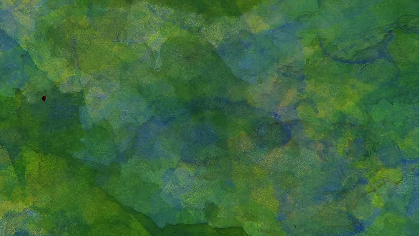 Abstract green watercolor motion background with layered translucent washes, rounded organic shapes and mottled painterly texture spread across a richly saturated surface. Deep and light green tones mix with subtle blue accents, paper grain and soft handmade blending to create a fresh atmospheric backdrop. Great for nature-inspired visuals, presentation backgrounds, overlays, branding, editorial graphics and modern motion design.