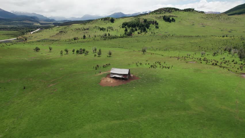 Aerial View of Abandoned Wooden Barn in Green Rural Meadow