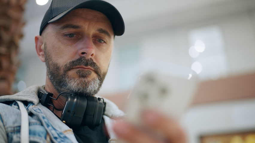 Middle-aged bearded man wearing black cap and ear protection muffs around his neck carefully inspects silver revolver handgun at indoor shooting range with focused expression.