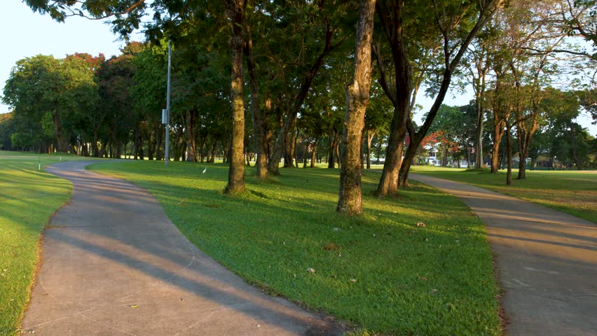 Wide shot of a curved walkway through a lush park with long afternoon shadows.