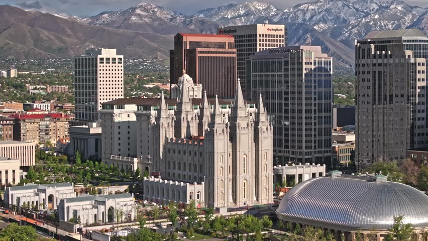 Aerial Shot from Downtown Salt Lake City Center LDS Temple