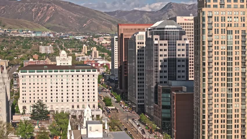 Aerial Reveal Shot from South Temple Street and Downtown buildings in Salt Lake City