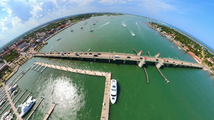 St Augustine Florida shot with fisheye aerial drone over the river towards historic old town