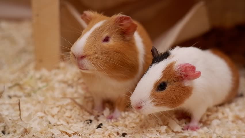 Adorable domestic guinea pigs, one ginger and one tricolor, in a cozy wooden shavings enclosure