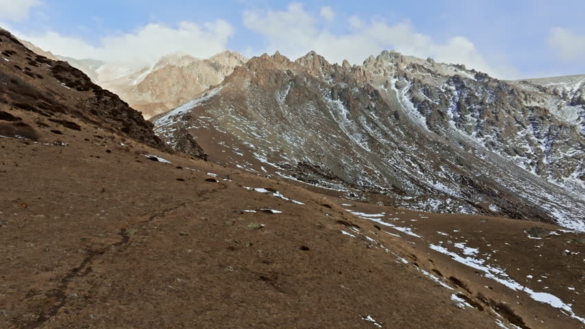 Serene mountainous landscape features a dirt path winding through dry grass and sparse bushes. Scattered snow patches and clouds create a peaceful, rugged atmosphere.