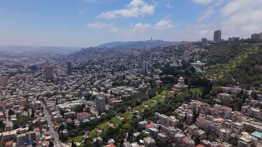Panoramic Aerial View of Haifa Israel Connecting Bahai Gardens Urban Area and Sea