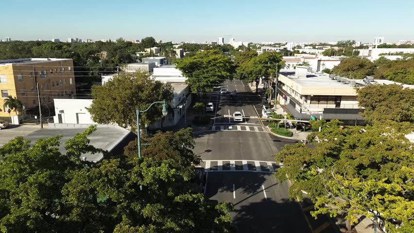 Miami, USA. Tree-lined streets stretch through quiet urban neighborhoods. Sunlight glows softly on rooftops and pavement. Few vehicles move slowly along calm roads. Greenery frames. Aerial view.