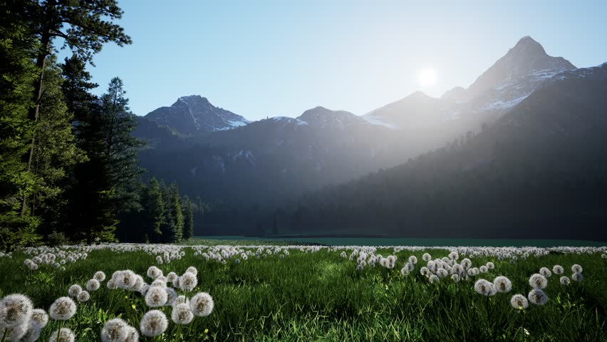 Horizontal view of a green meadow filled with white dandelions, leading to a pine forest and high mountain peaks under a bright morning sun. 3D Illustration