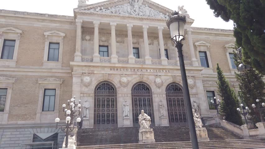 Madrid Spain Low Angle Establish of National Library Building Facade and Classical Architecture