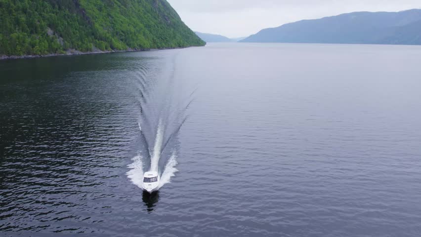 White motorboat cutting broad V shaped wake across calm fjord water beside forested hills, rocky shoreline, distant mountains, soft overcast light, serene open landscape, strong aerial composition