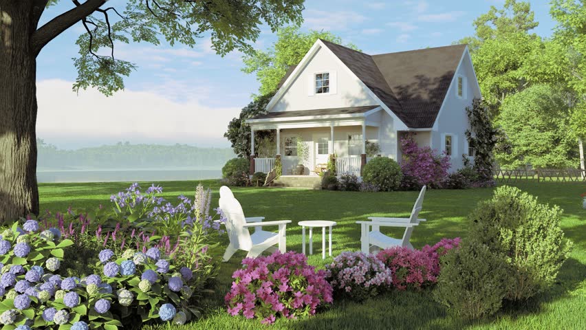 A bright white cottage with a front porch sits beside a manicured lawn and colorful flower beds, with two garden chairs and a small table in the foreground. 3D Illustration