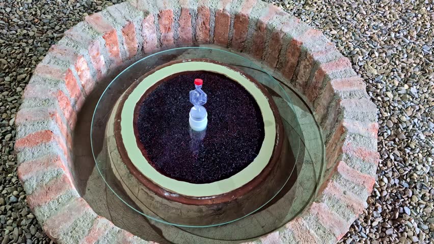 A traditional qvevri wine vessel filled with grape skins is set within a brick-lined cellar opening in Georgia