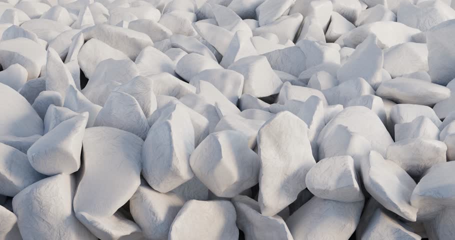 3D animation of the rough texture of a pile of mixing large pieces of limestone or chalk in bright white color. The flow of uneven chipped stone faces with deep shadows is an expressive three-dimensional relief with natural contrast.