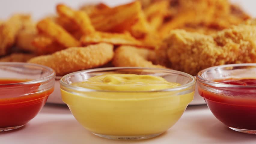 Close up shot of hand dipping wings into sauce. Tasty set of french fries, chicken wings, nuggets and onion rings. Fast food concept. High quality 4k footage