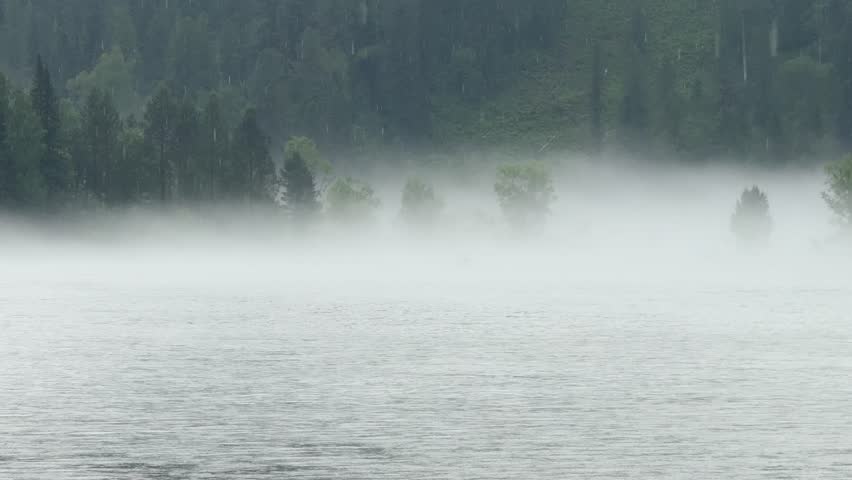 Thick morning fog drifts across a calm lake with a dense green forest in the background in Altai Republic, Russia