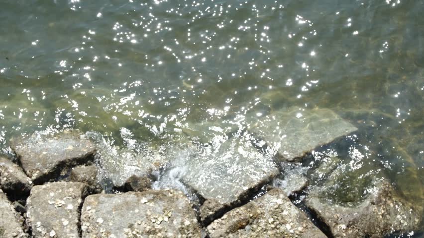 Sparkling Sunlit Waves Washing Over Rocks on Calm Shoreline