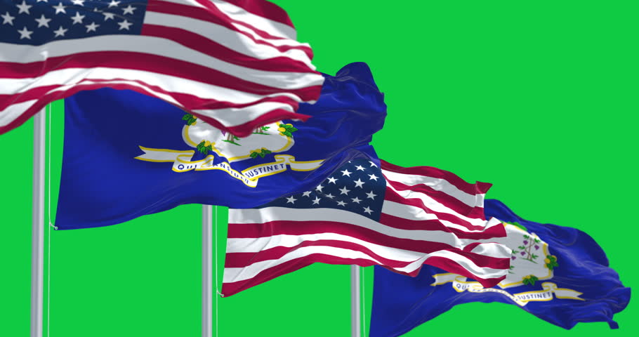 Connecticut state flags waving with national american flags isolated on green background. Seamless 3D render animation. Chroma key. Slow motion loop. Green screen. 4K. Selective focus