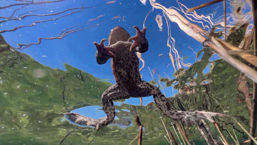 Underwater shot of male Common Toad (Bufo bufo) floating on the water surface in a clear water lake in Estonia.