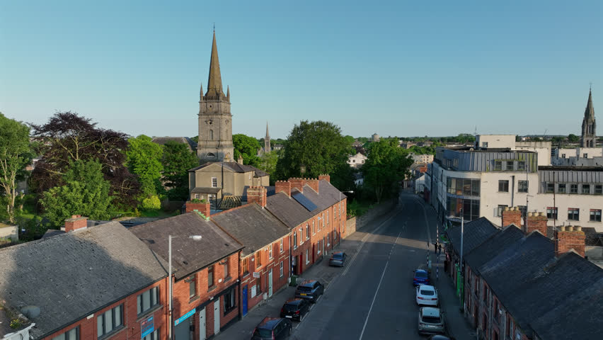 Aerial view of the historic city centre of historic downtown Drogheda, County Louth, Ireland.